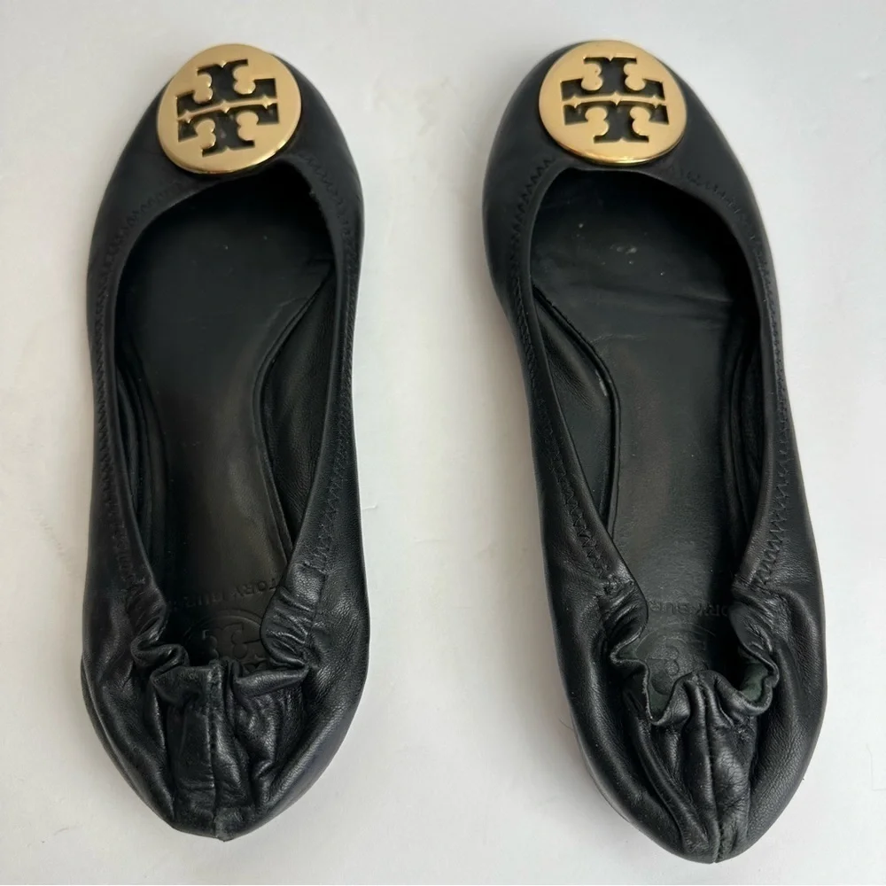 Tory Burch Ballet Flats Black Women's Size 7 Shoes Black Gold Medallion Leather
